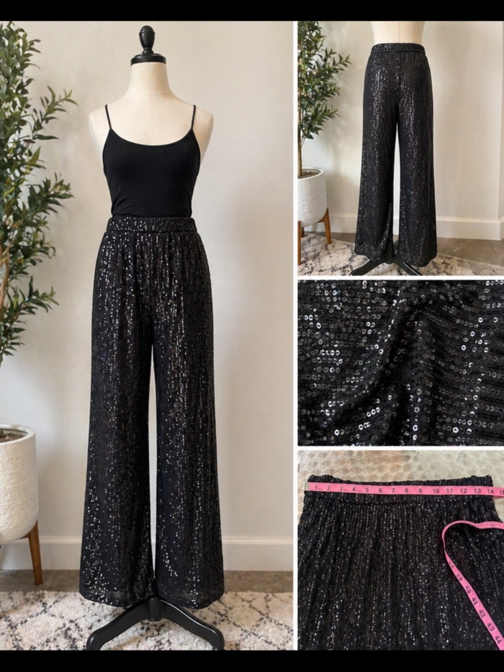 Sequin Wide-Leg Pants - Black